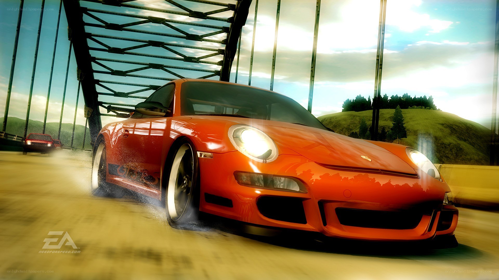 Red Porsche on a bridge