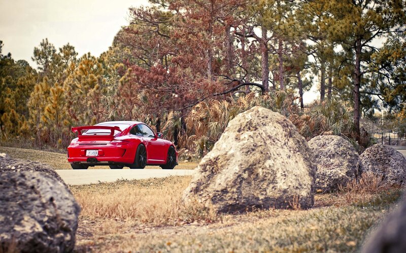 Red Porsche on a forest road