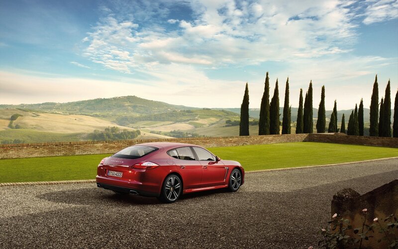Red Porsche Panamera in Tuscany