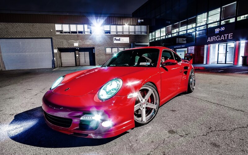 Red Porsche Sports Car — Dramatic, Night, Photograph