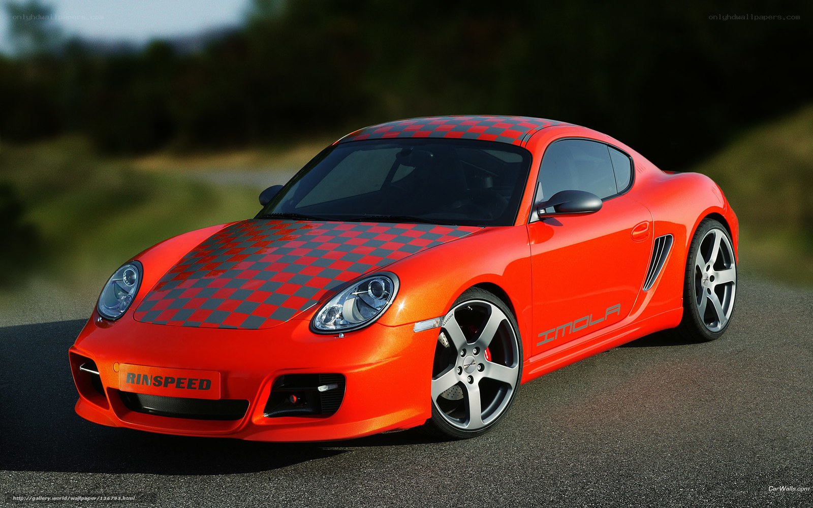 Red Porsche with checkered pattern