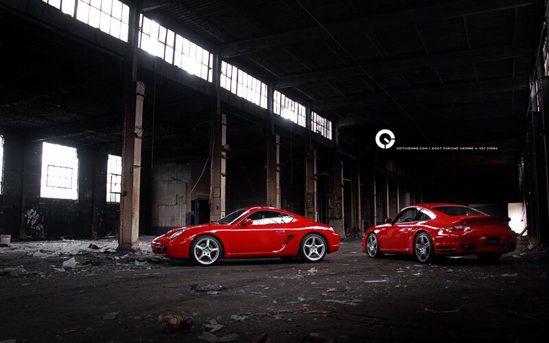 Red Porsches in an abandoned warehouse
