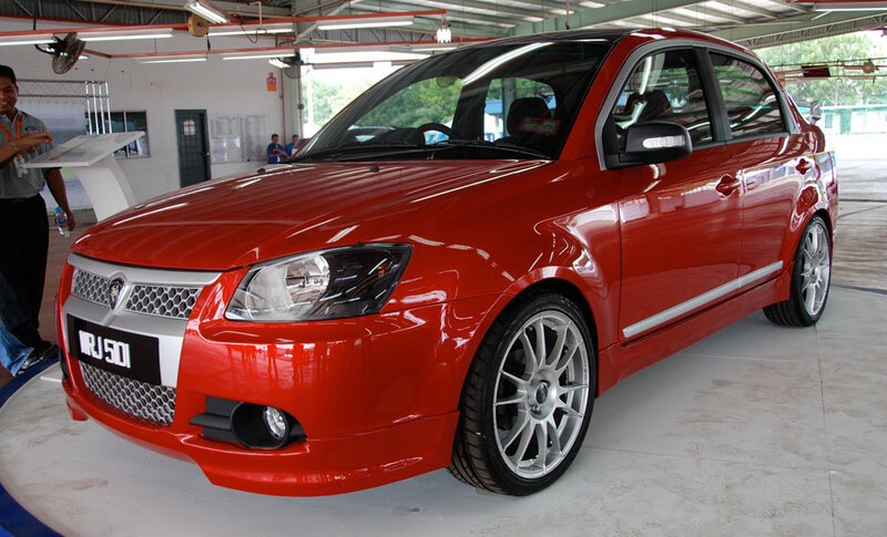 Red Proton Saga car on display