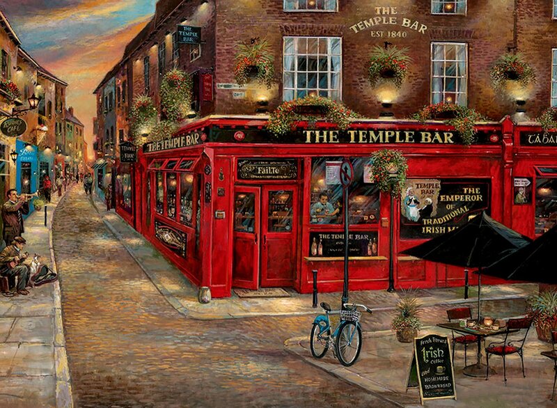 Red Pub on Cobblestone Street — Warm, Sunset, Painting