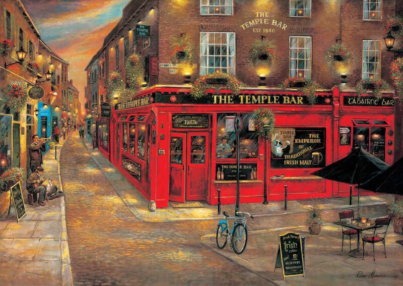 Red Pub on Cobblestone Street — Warm, Sunset