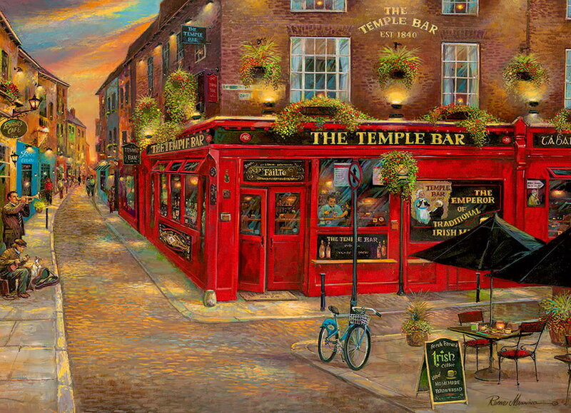 Red Pub on Cobblestone Street — Warm