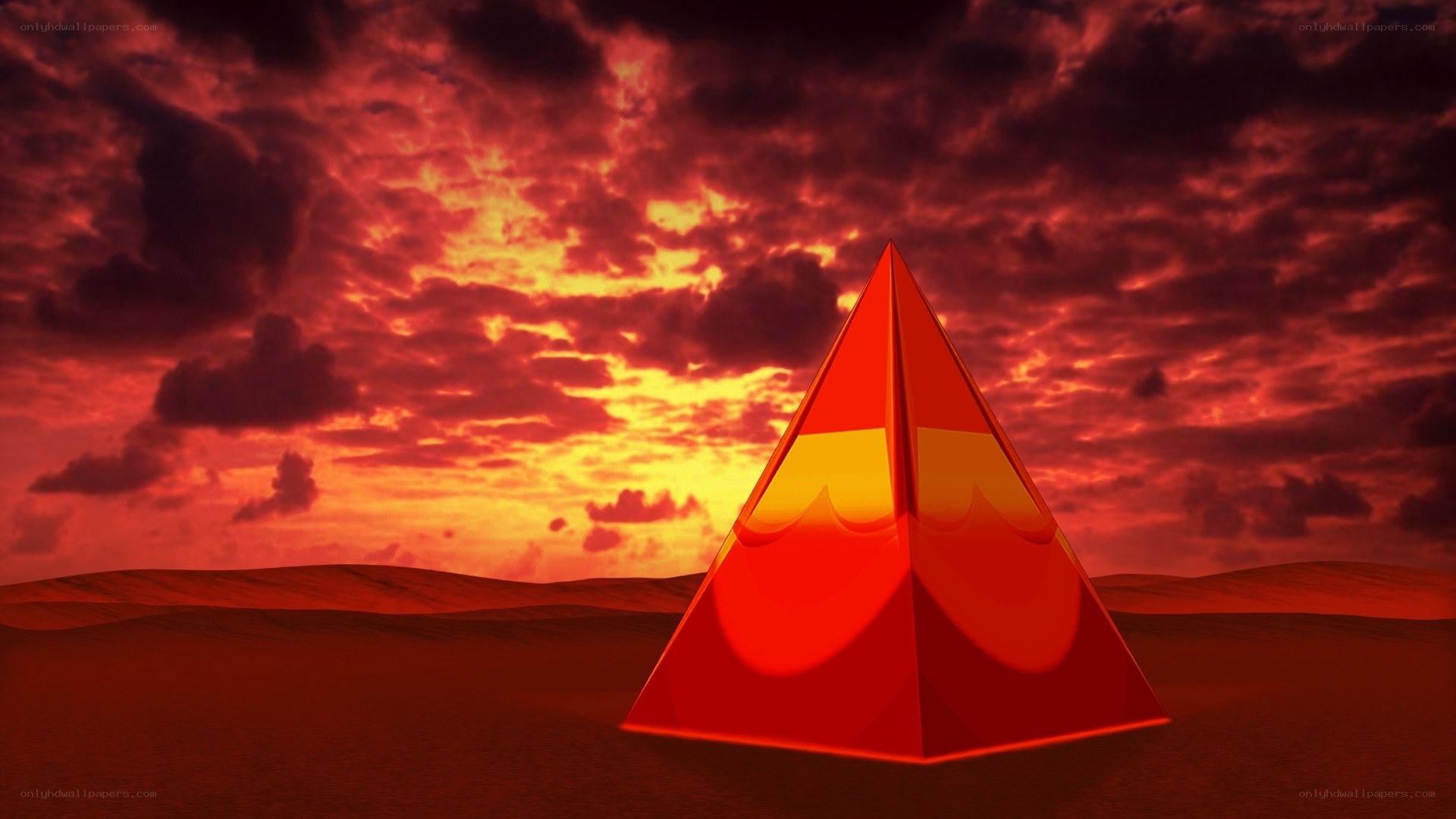 Red pyramid in desert sunset
