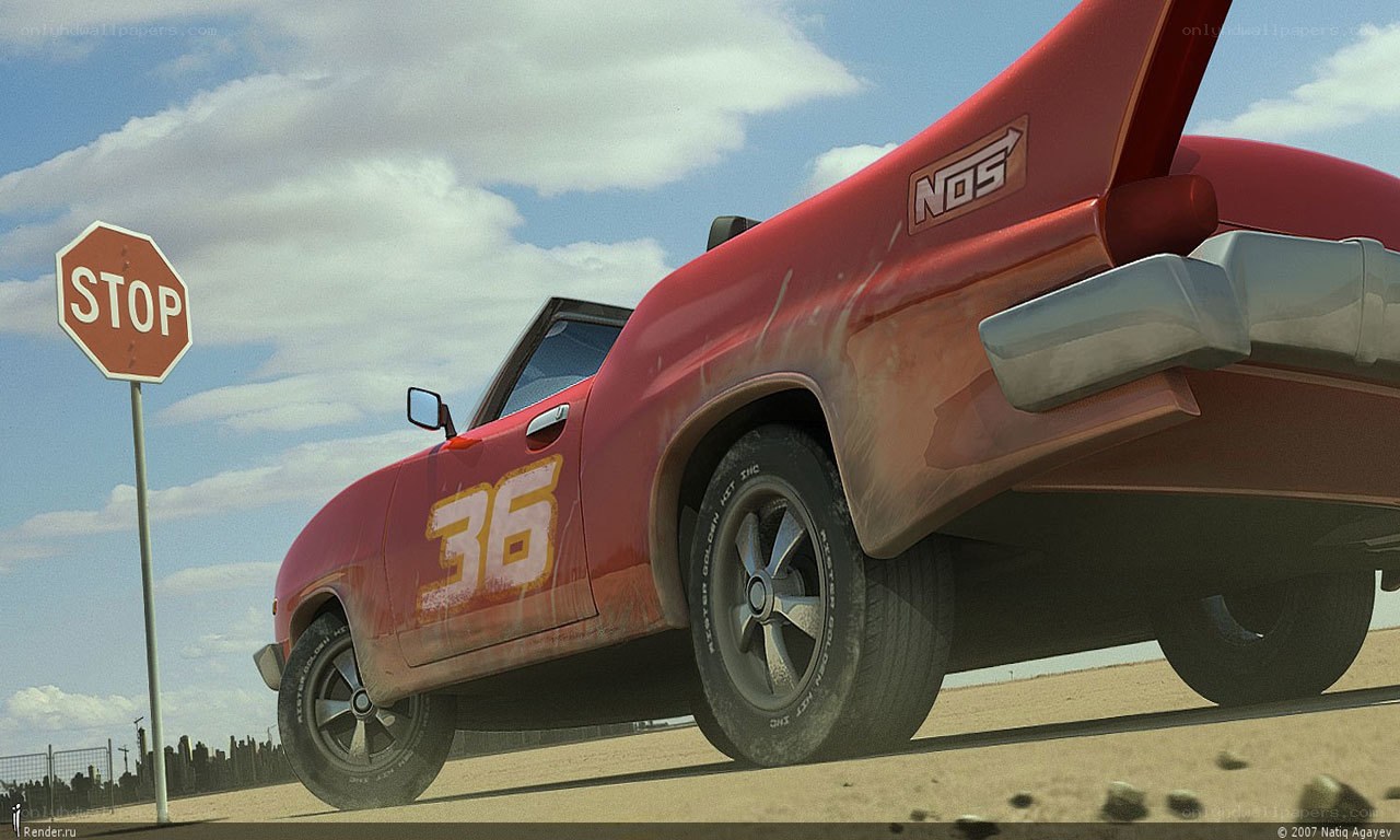 red race car at stop sign