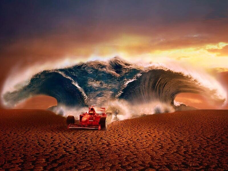 Red Race Car — Brown, Dramatic, Sunset, Digital Art