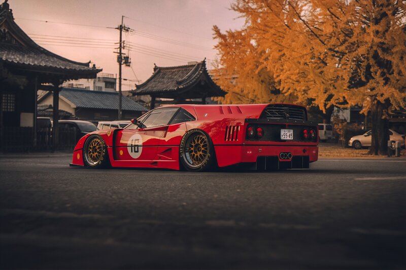 Red Race Car — Dramatic, Autumn, Photograph, Tree