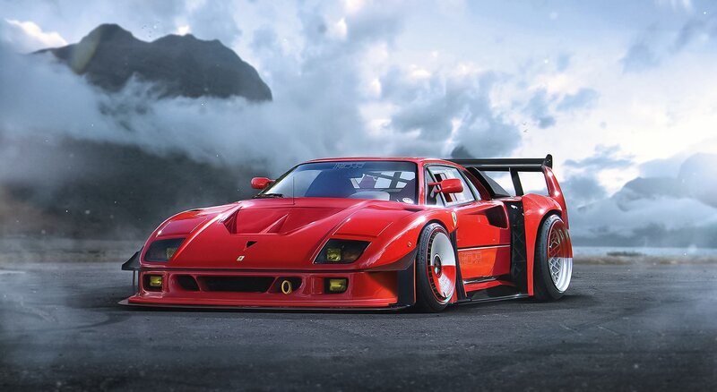 Red Race Car — Dramatic, Digital Art, Mountain