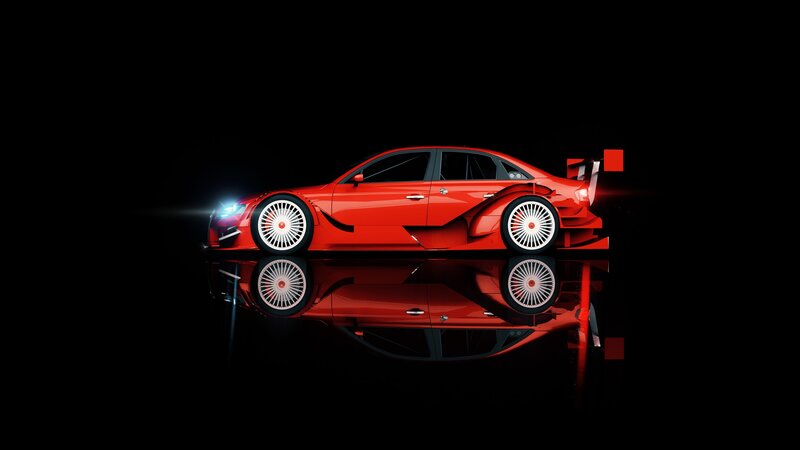 Red Race Car — Dramatic, Night, 3d Render, Wheels, Headlight