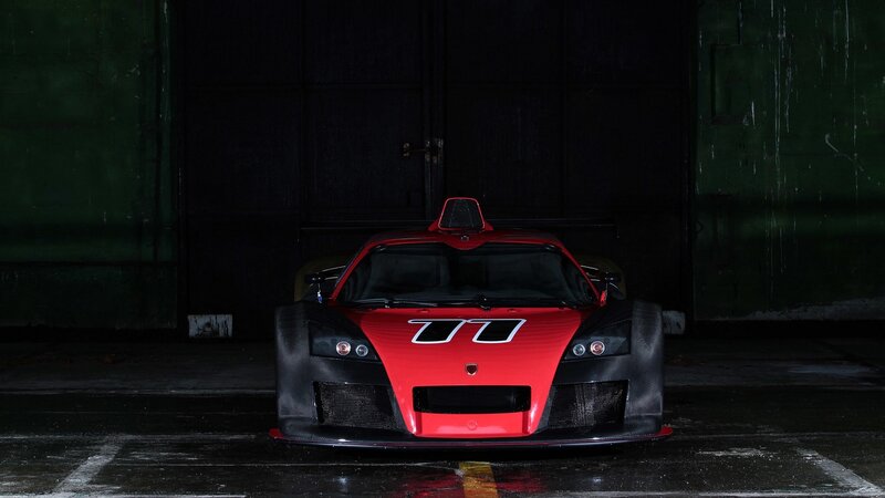 Red Race Car — Dramatic, Night, Photograph, Garage, Lights