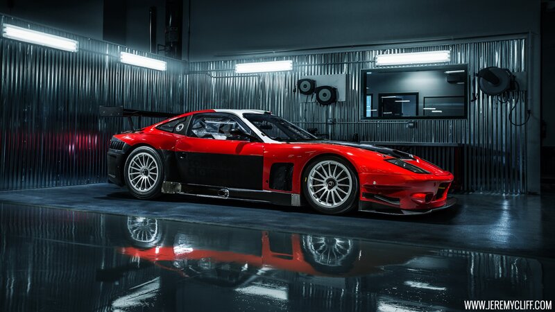 Red Race Car — Dramatic, Night, Photograph, Garage