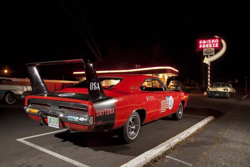 Red Race Car — Dramatic, Night, Photograph, Gas Station