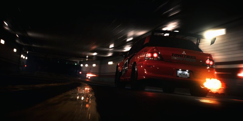 Red Race Car Drifting — Dramatic, Night