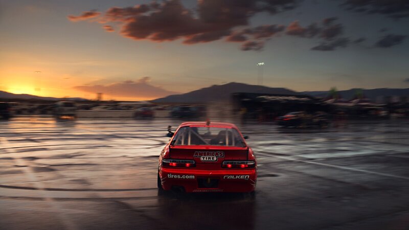 Red Race Car Drifting — Dramatic, Sunset, Photograph