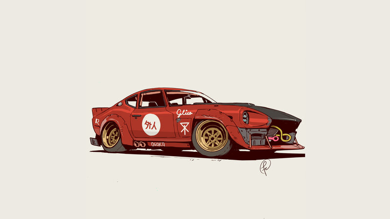 Red Race Car — Dynamic, Digital Art, Gold Wheels