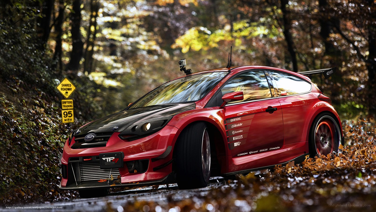 Red race car in autumn forest