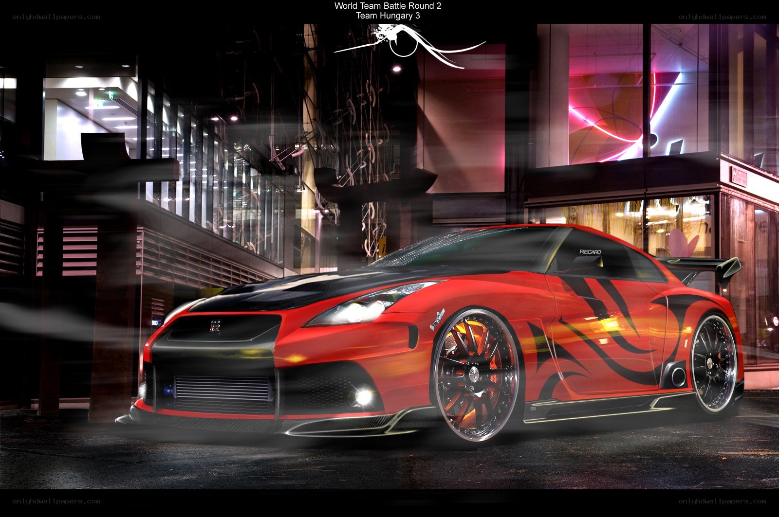 Red race car in city