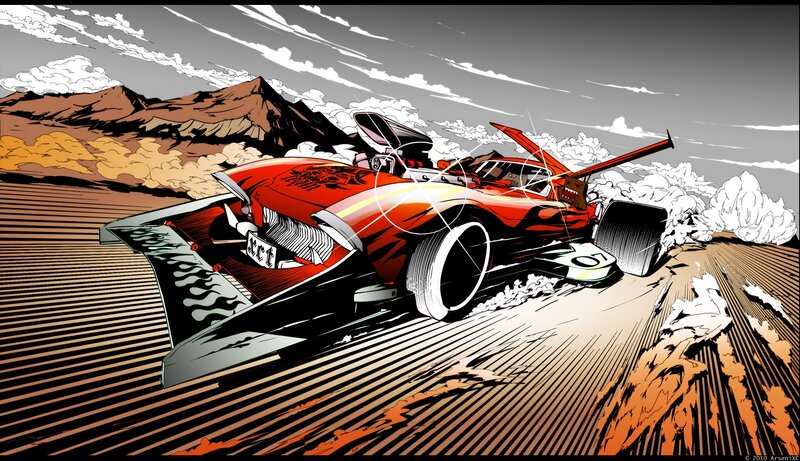 Red Race Car in Desert — Dynamic, Comic