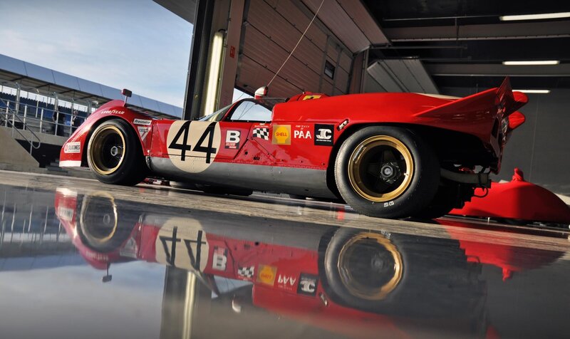 Red race car in garage