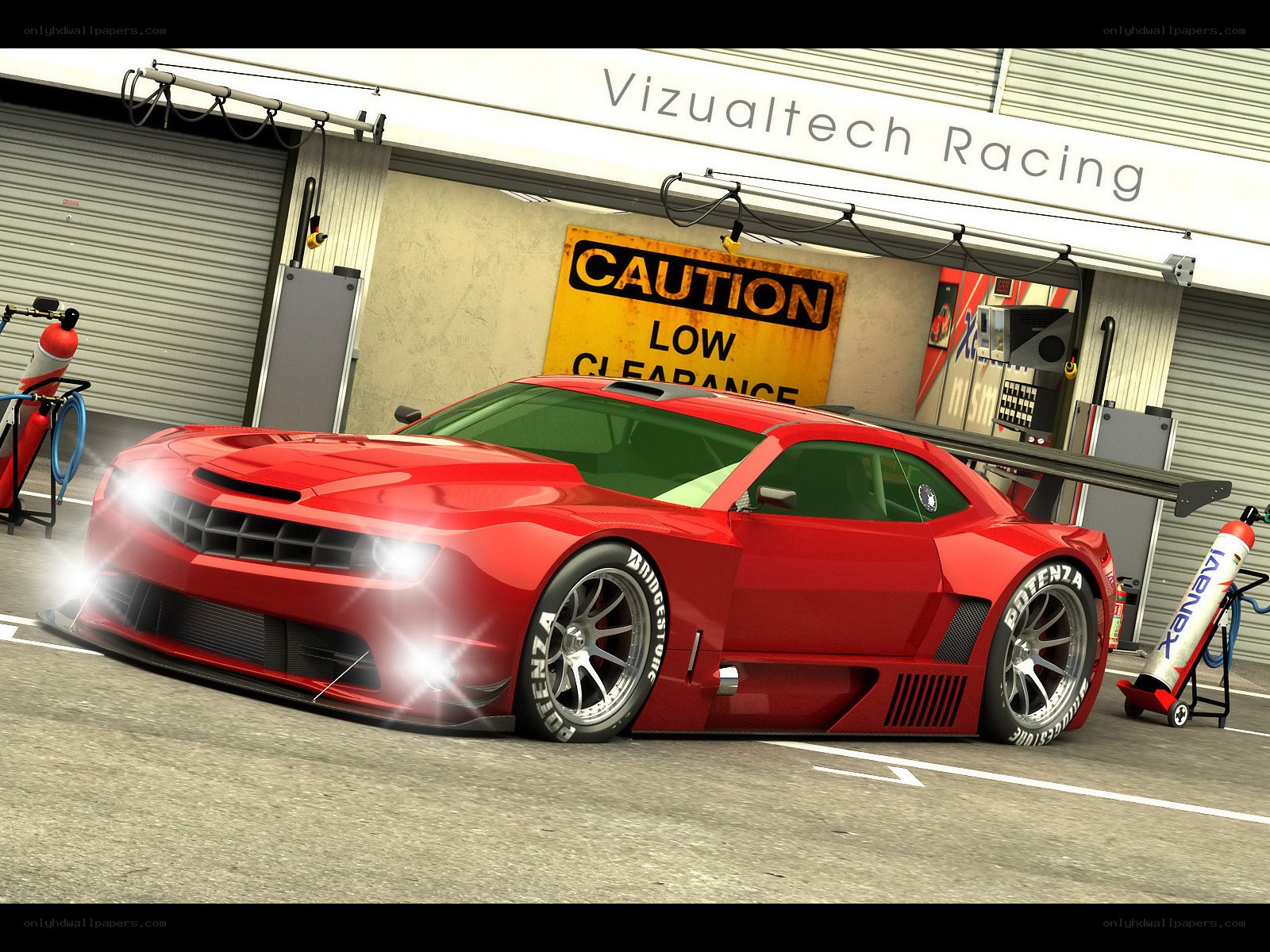 Red race car in garage