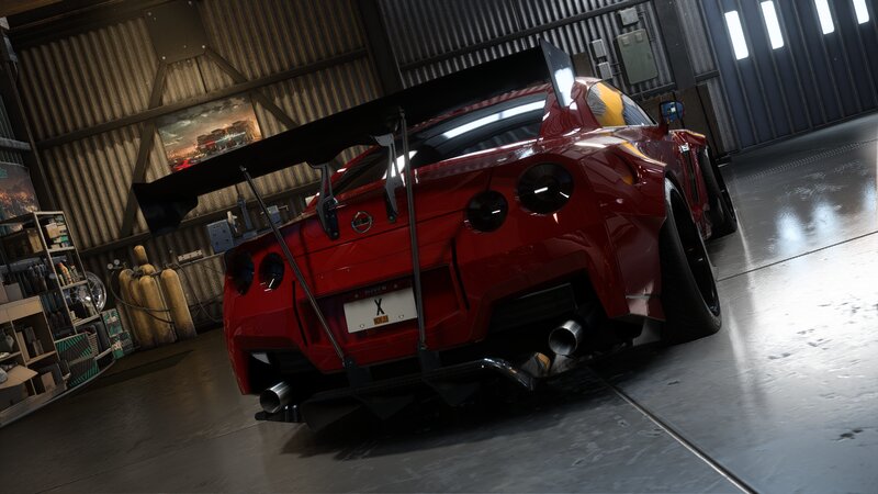 Red Race Car in Garage — Dramatic, 3d Render, Wings