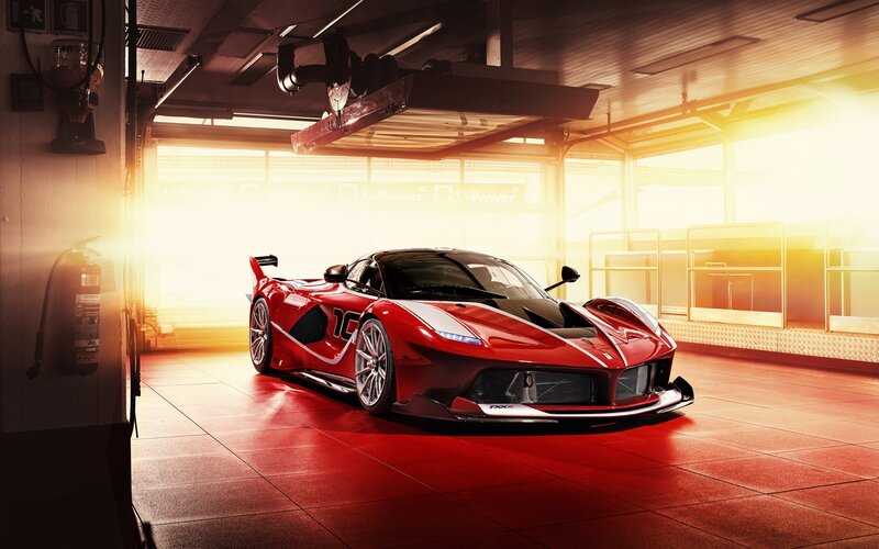 Red Race Car in Garage — Dramatic, Sunset