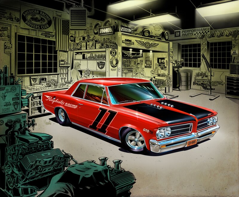 Red Race Car in Garage — Dramatic