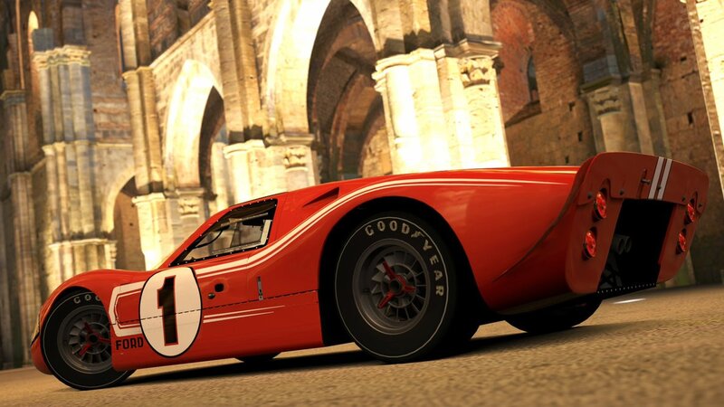 Red race car in historic setting