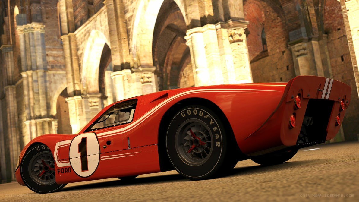 Red race car in historic setting