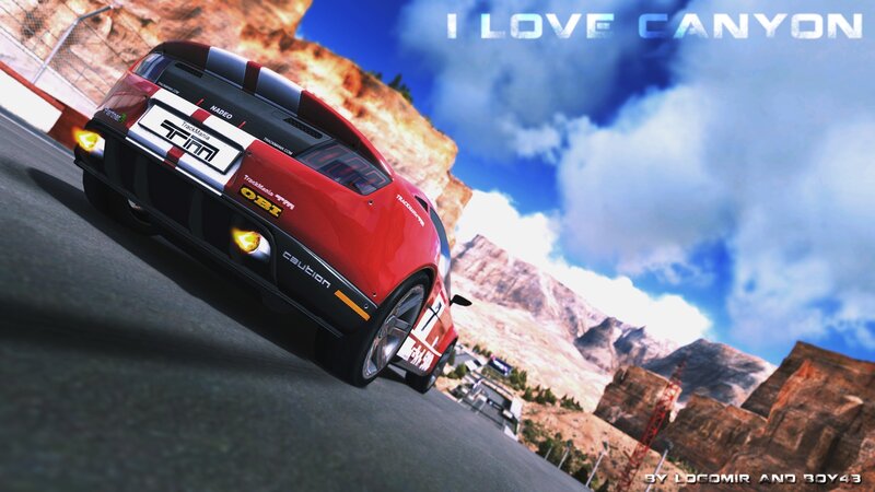Red race car on canyon track