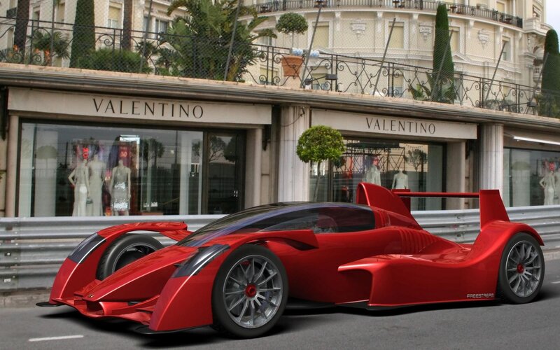 Red race car on city street