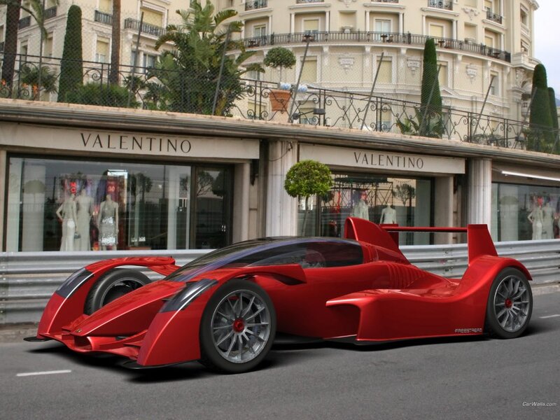 Red race car on city street