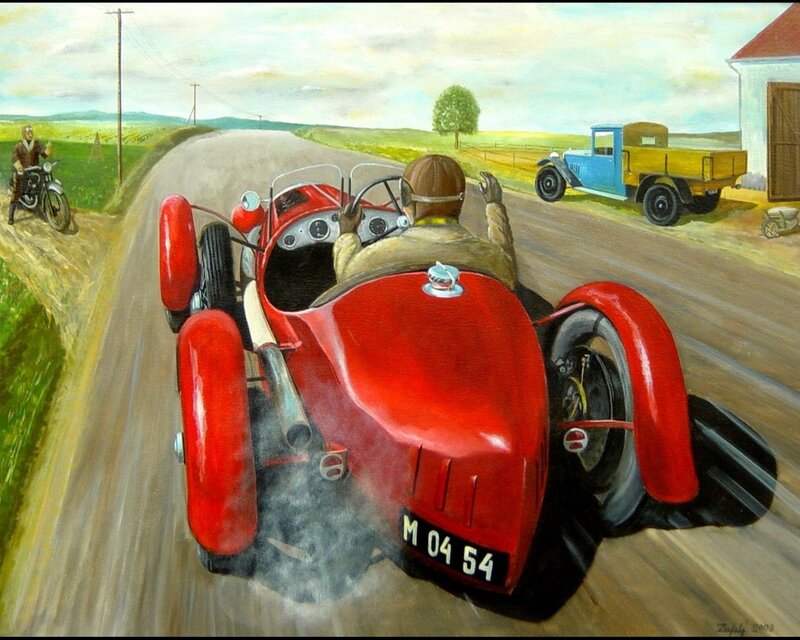 Red race car on country road