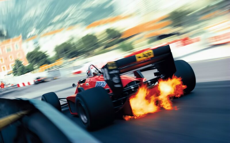 Red Race Car on Fire — Dramatic, Afternoon