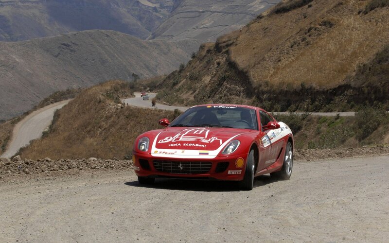 Red Race Car on Road — Dramatic, Afternoon, Photograph, Mountain