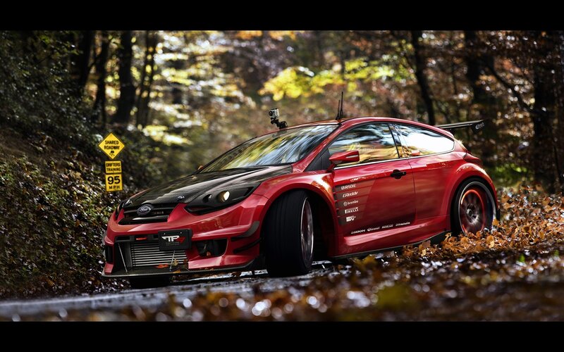 Red Race Car on Road — Dramatic, Autumn, Photograph