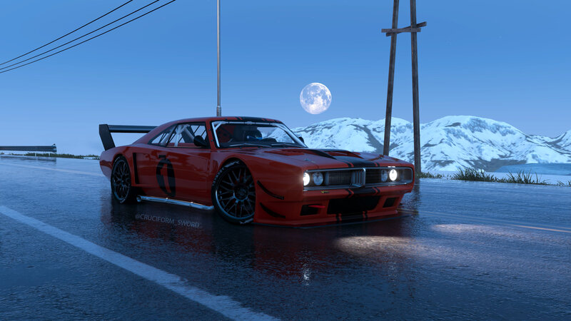 Red Race Car on Road — Dramatic, Night, 3d Render