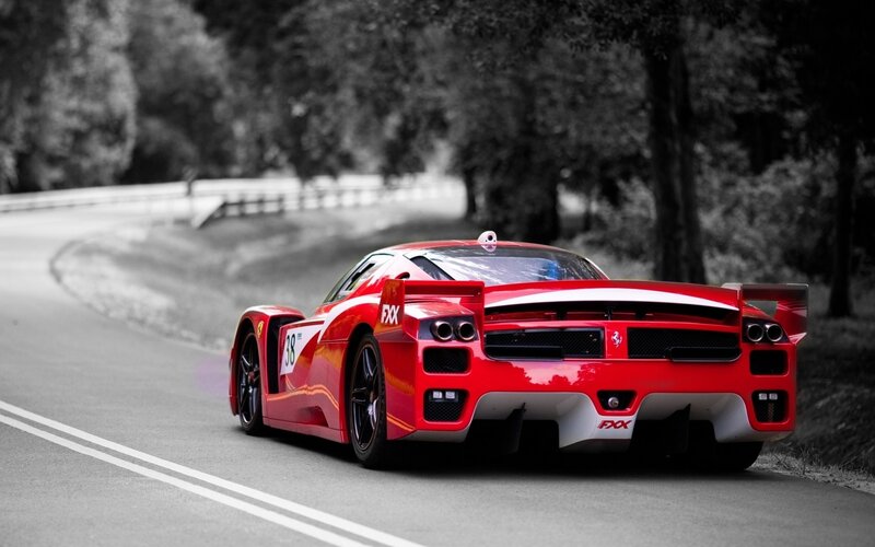 Red Race Car on Road — Dynamic, Photograph, Trees