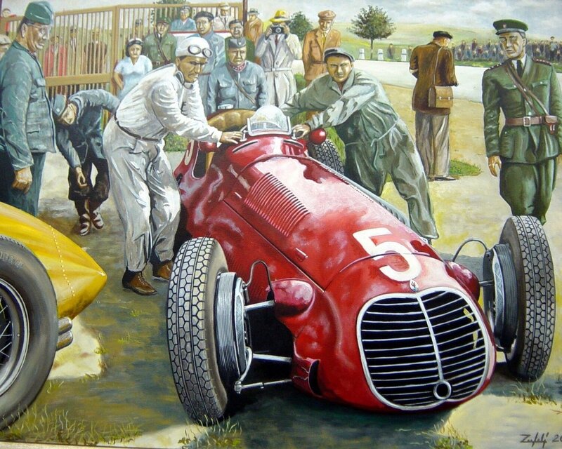 Red Race Car on Track — Dramatic, Afternoon, Painting