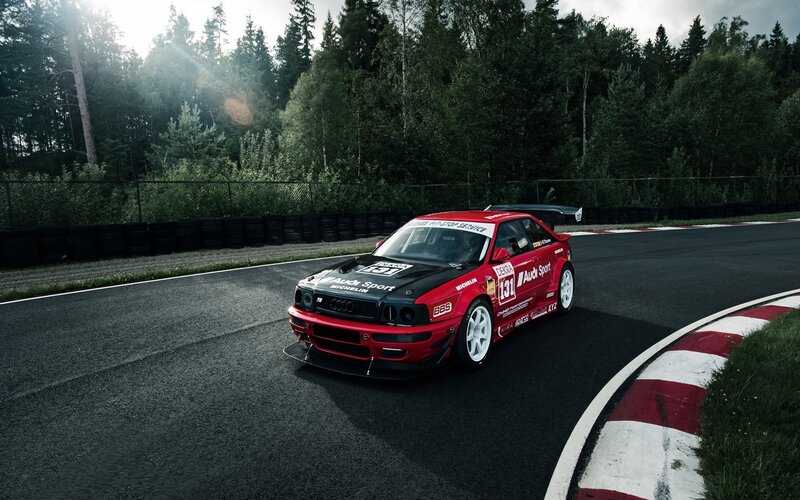 Red Race Car on Track — Dramatic, Afternoon, Photograph, Race Track, Trees, Fence, Black