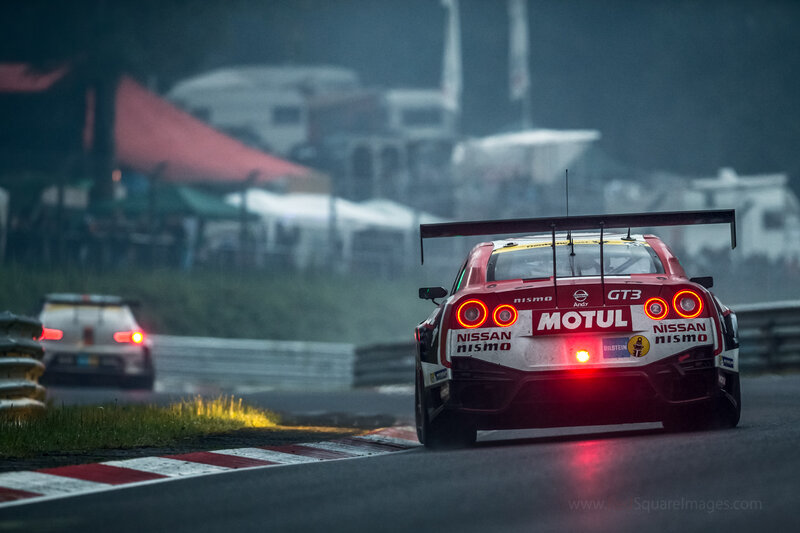 Red Race Car on Track — Dramatic, Night, Photograph