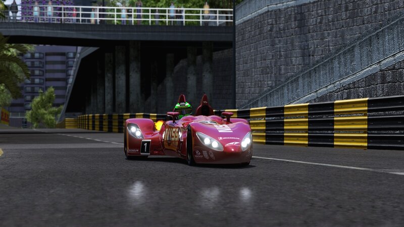 Red Race Car on Track — Dynamic, Afternoon, 3d Render, Driver, Bridge