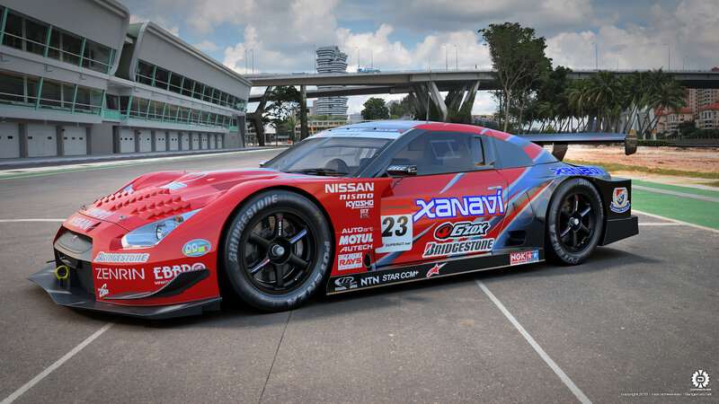 Red Race Car on Track — Dynamic, Afternoon, 3d Render, Race Car, Building