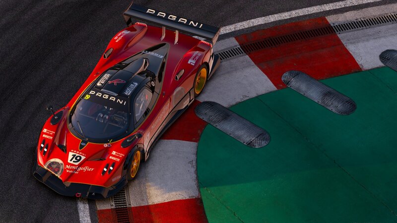 Red Race Car on Track — Dynamic, Afternoon, 3d Render, Race Car, Tire Barrier, Black