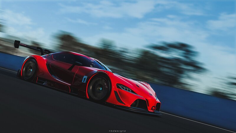 Red Race Car on Track — Dynamic, Afternoon, 3d Render, Race Track, Sky