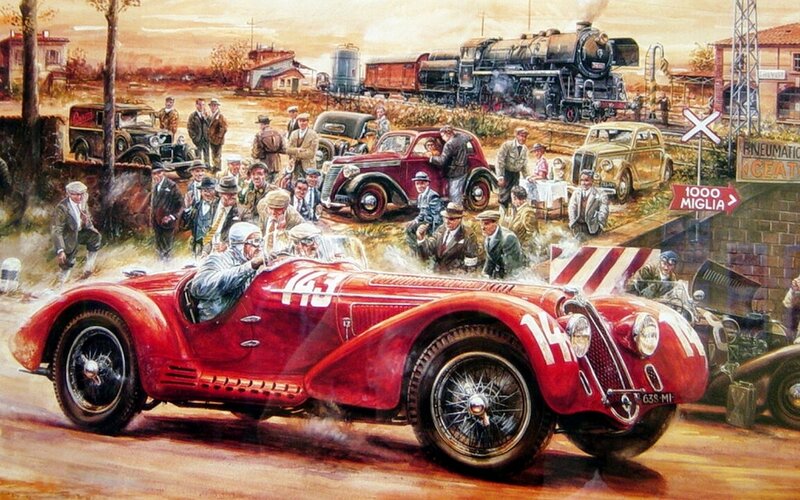 Red Race Car on Track — Dynamic, Afternoon, Painting, Crowd