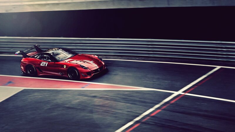 Red Race Car on Track — Dynamic, Photograph, Race Track, Tire Barrier